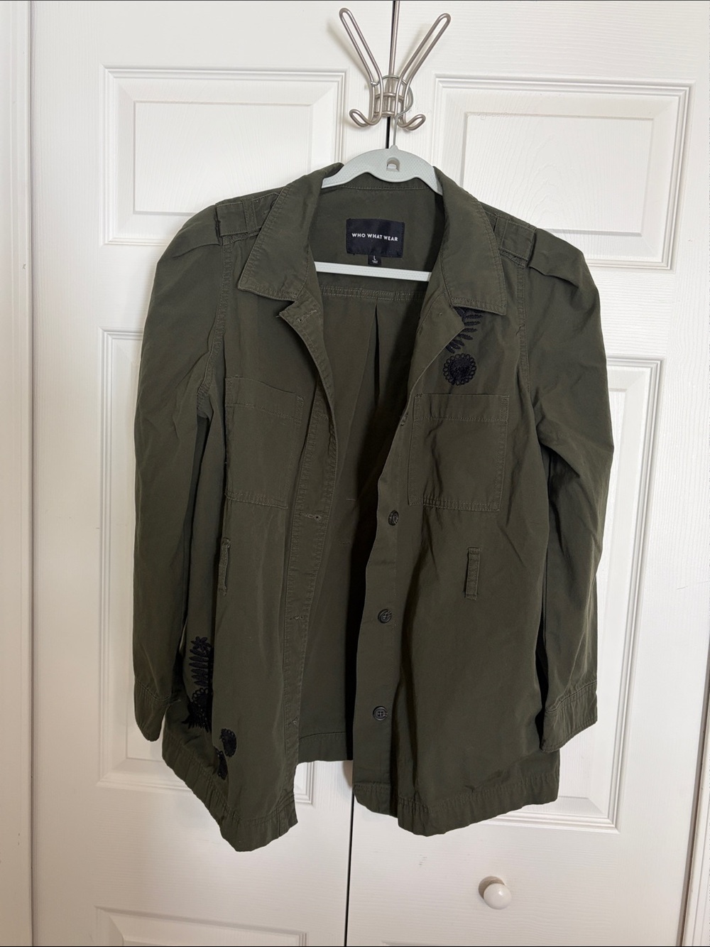 Who What Wear Olive Utility Field Jacket with Black Embroidery